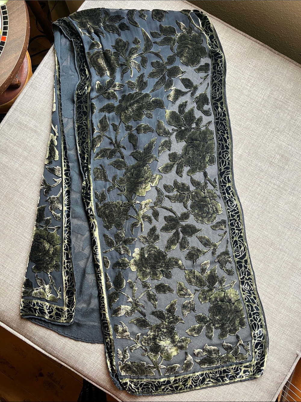 Floral Velvet Burnout Sheer Scarf Green Goth Fairycore